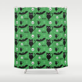 "Hisses" Cats with Bats Pattern (green) Shower Curtain