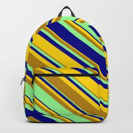 [ Thumbnail: Yellow, Dark Goldenrod, Green & Dark Blue Colored Lined/Striped Pattern Backpack ]