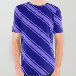 [ Thumbnail: Blue and Medium Slate Blue Colored Lined/Striped Pattern All Over Graphic Tee ]