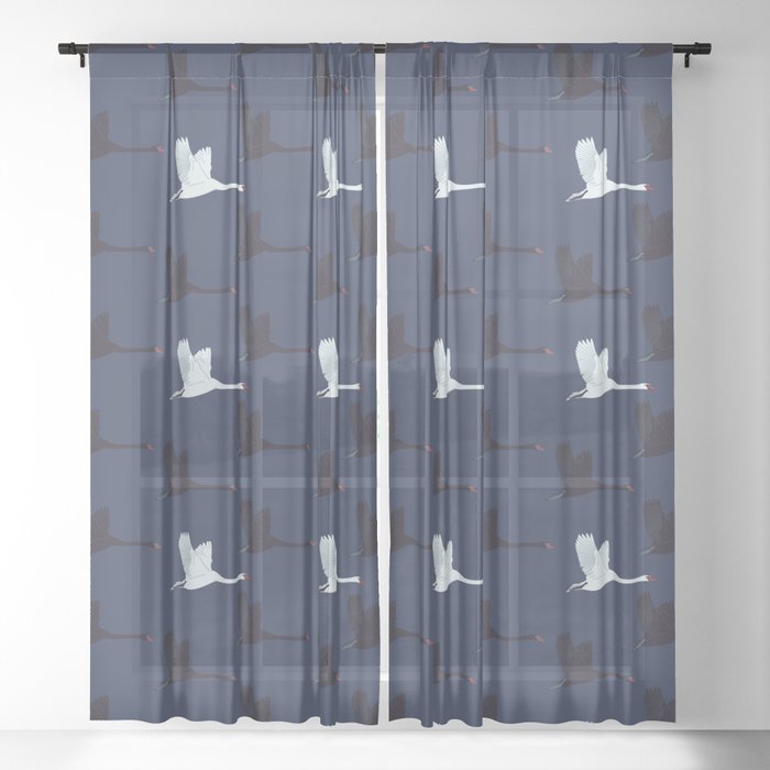 Flying Elegant Swan Pattern on Navy Blue Background Sheer Curtain