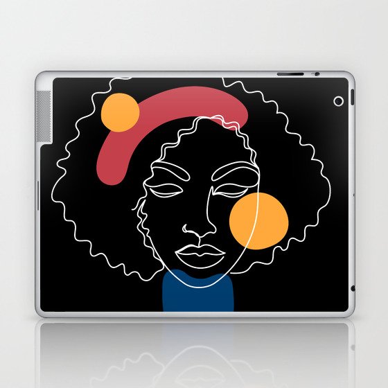 African woman in a line art style with abstract shapes on a black background. Laptop & iPad Skin