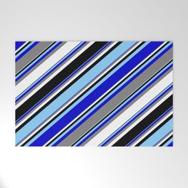 [ Thumbnail: Light Sky Blue, Blue, Gray, White, and Black Colored Striped Pattern Welcome Mat ]