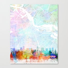 Amsterdam Skyline Map Watercolor, Print by Zouzounio Art Canvas Print