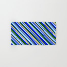 [ Thumbnail: Eye-catching Tan, Royal Blue, Turquoise, Blue & Dark Green Colored Pattern of Stripes Hand & Bath Towel ]