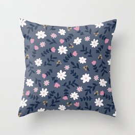 Flower Pattern (slate gray/blue/pink/white) Throw Pillow