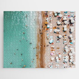 Summer Ocean View, Aerial Beach Umbrellas Seaside Art Print, Teal Sea Horizon Home Decor, Printable Summer Vibes Jigsaw Puzzle