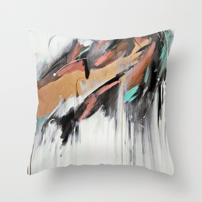 Head in the Clouds: colorful abstract piece in pink, teal, gold, black and white Throw Pillow