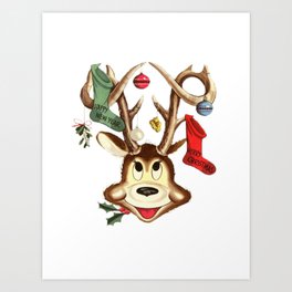 Reindeer Antlers and Christmas Stockings  Art Print | Animal, Children, Illustration, Painting 