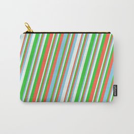 [ Thumbnail: Red, Sky Blue, Mint Cream, and Lime Green Colored Pattern of Stripes Carry-All Pouch ]