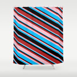 [ Thumbnail: Red, Pink, Deep Sky Blue, and Black Colored Stripes/Lines Pattern Shower Curtain ]