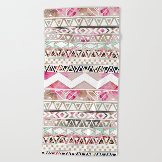 Aztec Spring Time! | Girly Pink White Floral Abstract Aztec Pattern Beach Towel