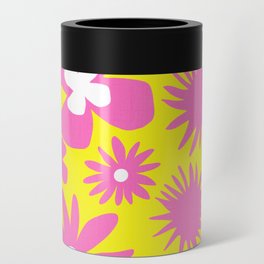 Retro Pop Art Flowers Pink and Yellow Can Cooler