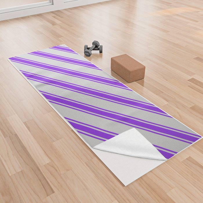 Light Grey & Purple Colored Lined Pattern Yoga Towel