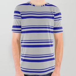[ Thumbnail: Dark Blue and Grey Colored Pattern of Stripes All Over Graphic Tee ]