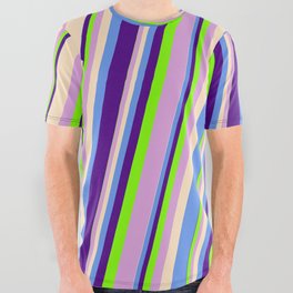 [ Thumbnail: Vibrant Bisque, Cornflower Blue, Indigo, Chartreuse & Plum Colored Lines Pattern All Over Graphic Tee ]