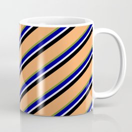 [ Thumbnail: Eyecatching Brown, Green, Dark Blue, Lavender & Black Colored Lines Pattern Coffee Mug ]