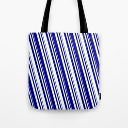 [ Thumbnail: Dark Blue and Mint Cream Colored Striped Pattern Tote Bag ]