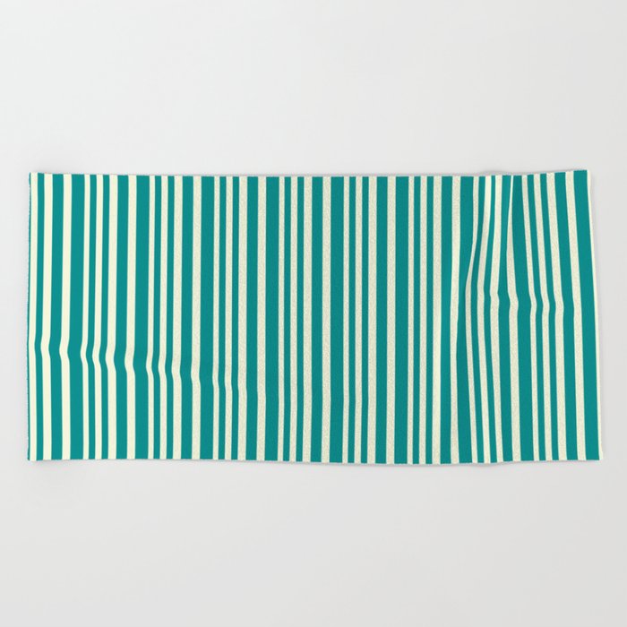 Beige and Dark Cyan Colored Lined Pattern Beach Towel