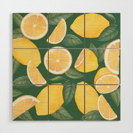 watercolor lemons in green background pattern Wood Wall Art