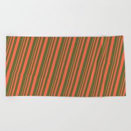 [ Thumbnail: Red and Dark Olive Green Colored Stripes Pattern Beach Towel ]