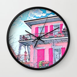 Watercolor Pink New Orleans French Quarter Nola Home Wall Clock