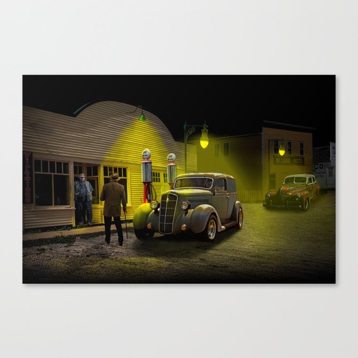 Evening at the Gas Station with Vintage Automobiles Canvas Print