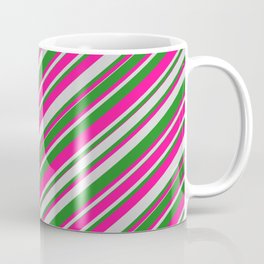[ Thumbnail: Deep Pink, Light Grey, and Forest Green Colored Lines Pattern Coffee Mug ]