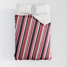 [ Thumbnail: Hot Pink, Brown, White & Black Colored Lined/Striped Pattern Comforter ]