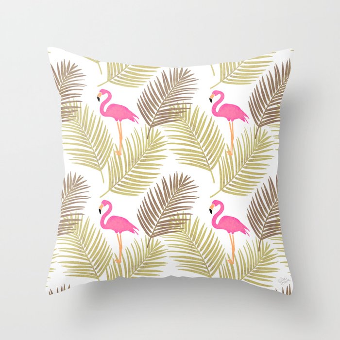 Flamingo Palms - Pink & Green Throw Pillow