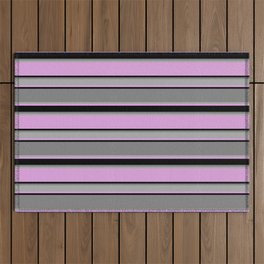 [ Thumbnail: Plum, Black, Gray, and Dark Grey Colored Striped/Lined Pattern Outdoor Rug ]