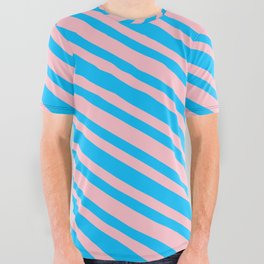 [ Thumbnail: Pink and Deep Sky Blue Colored Striped Pattern All Over Graphic Tee ]
