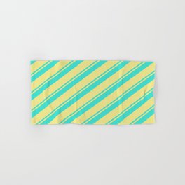 [ Thumbnail: Turquoise and Tan Colored Lined/Striped Pattern Hand & Bath Towel ]