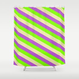 [ Thumbnail: Orchid, Chartreuse, and Pale Goldenrod Colored Lines/Stripes Pattern Shower Curtain ]