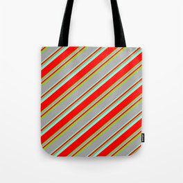 [ Thumbnail: Dark Gray, Aquamarine, Red & Green Colored Lines Pattern Tote Bag ]