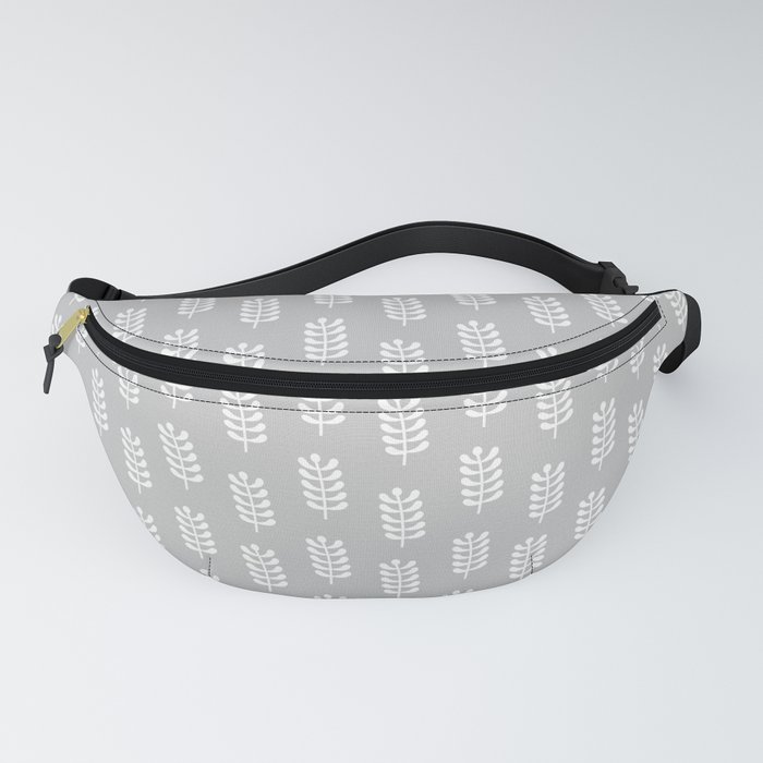 Light grey background with white spring leaves pattern Fanny Pack