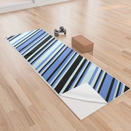 [ Thumbnail: Cornflower Blue, Black, and Light Cyan Colored Striped Pattern Yoga Towel ]