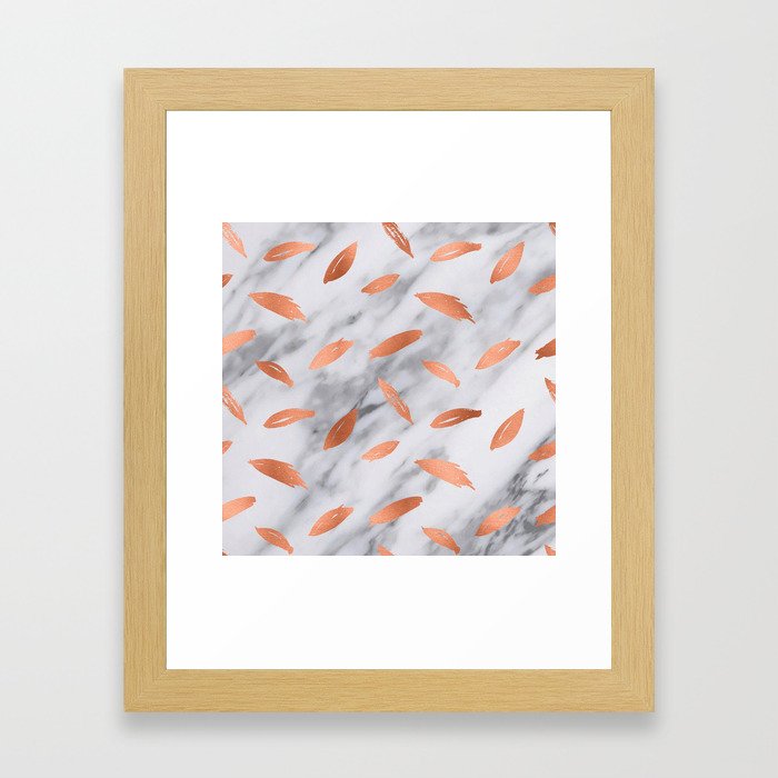 Rose Gold Feathers Marble Pattern Framed Art Print