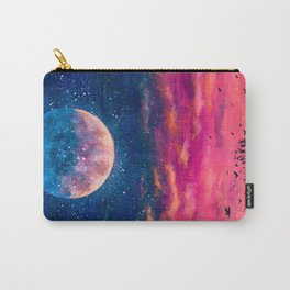 Unique Oil Painting Fuchsia Pink Neon Sunset Blue Night Sky Giant Moon and Stars Fantasy Cozy Original Painting Carry-All Pouch