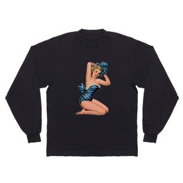 Blonde Pin Up With Black And Blue Dress And Barefoot Shoes Long Sleeve T-shirt