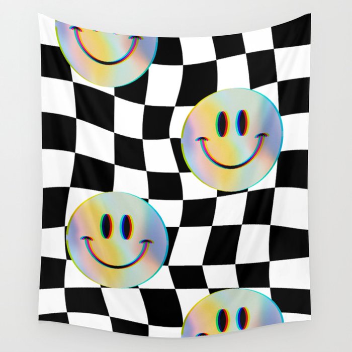 Trippy holographic smiley face on checked pattern Wall Tapestry by