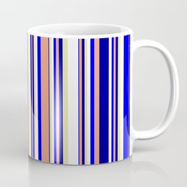 [ Thumbnail: Pale Goldenrod, White, Blue, Dark Salmon, and Dark Blue Colored Pattern of Stripes Coffee Mug ]
