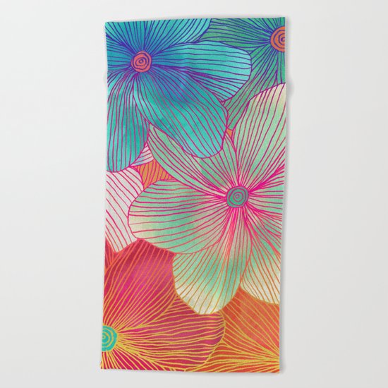 Between the Lines - tropical flowers in pink, orange, blue & mint Beach Towel