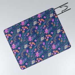 Summer Garden, Bug, flower, Navy Pattern Picnic Blanket