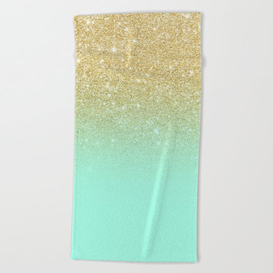 Modern gold ombre mint green block Beach Towel