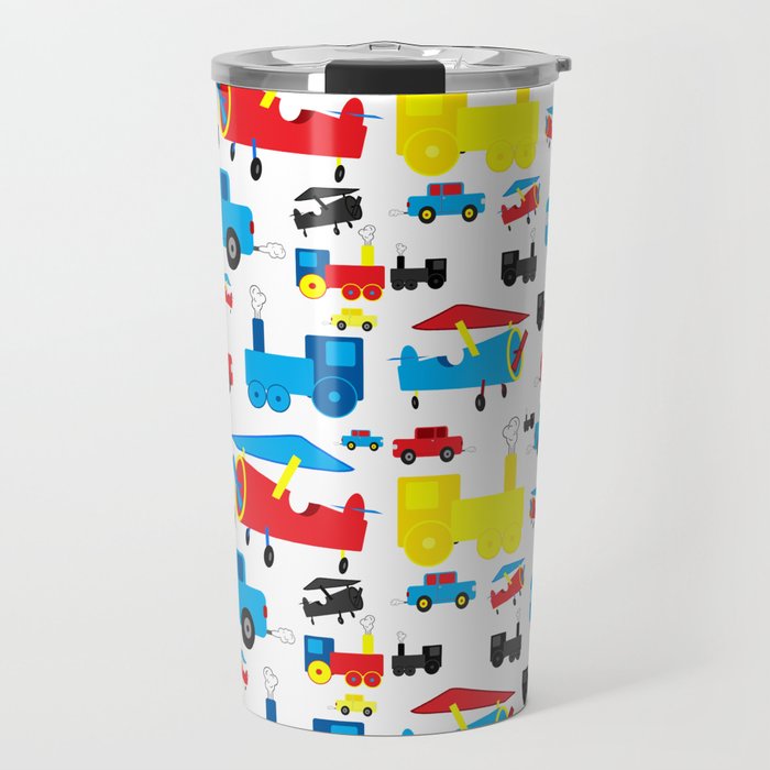 Cute Colorful Planes, Trains and Cars Pattern Travel Mug