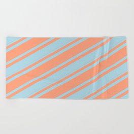 [ Thumbnail: Light Blue & Light Salmon Colored Lined/Striped Pattern Beach Towel ]