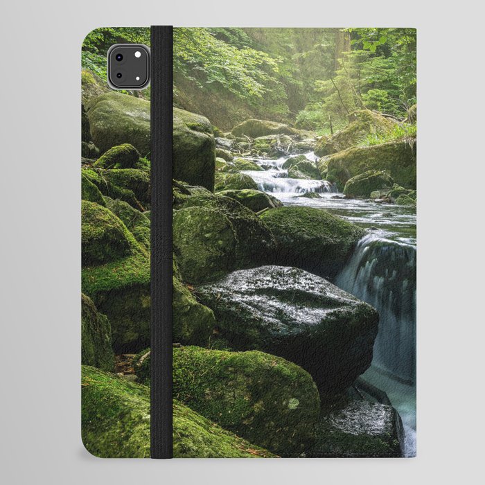 Flowing Creek, Green Mossy Rocks, Forest Nature Photography iPad Folio Case