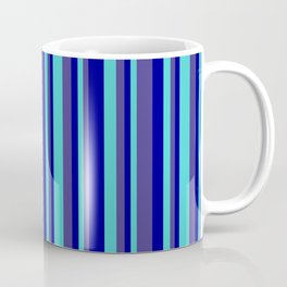 [ Thumbnail: Dark Blue, Dark Slate Blue & Turquoise Colored Pattern of Stripes Coffee Mug ]
