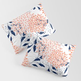 Floral Prints and Leaves, White, Coral and Navy Pillow Sham