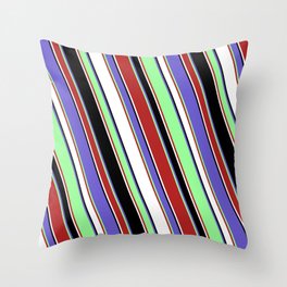 [ Thumbnail: Vibrant Green, Red, White, Black & Slate Blue Colored Lined Pattern Throw Pillow ]